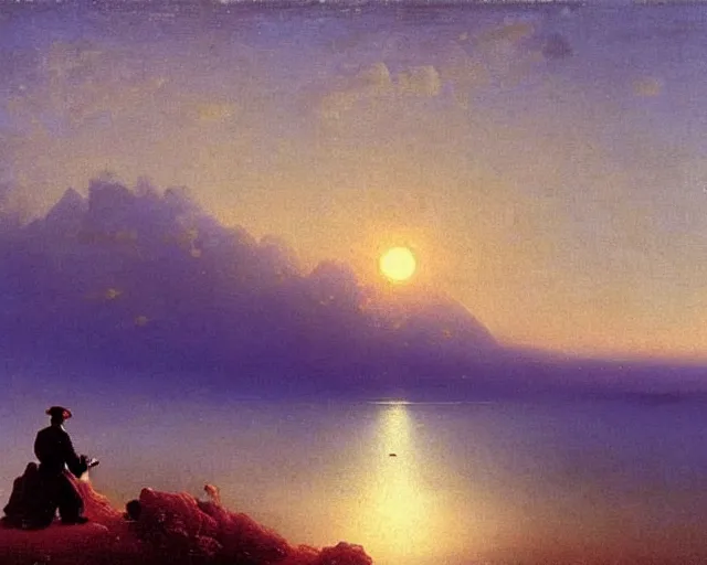 Prompt: A slightly silhouetted figure of a man with a guitar, clouds that look like mountains the clouds are a deep blue purple color with the sun blazing behind the clouds, art by Ivan Aivazovsky