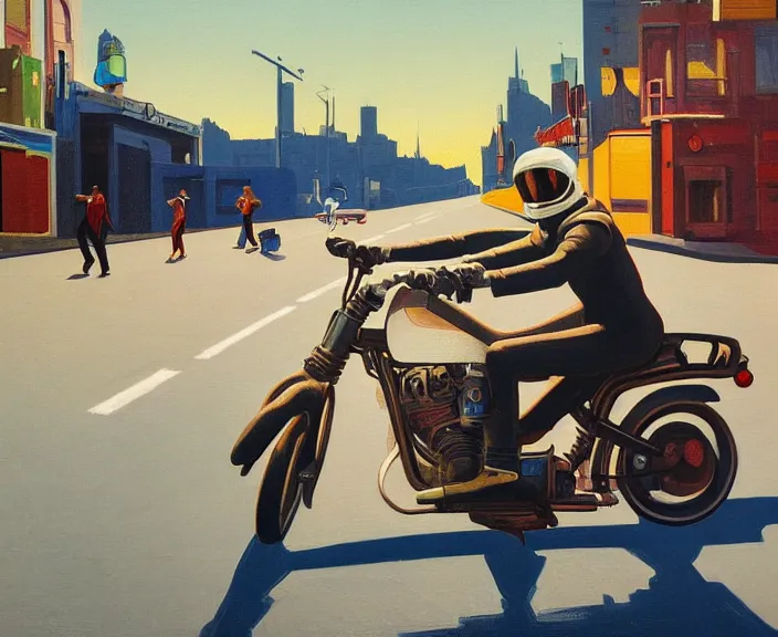 Image similar to a very detailed painting of a astronaut wearing a suit, riding a motorbike down a street, harley davidson motorbike, worm's - eye view, very fine brush strokes, very aesthetic, very futuristic, in the style of edward hopper and grant wood and syd mead, 4 k,