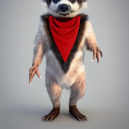 Prompt: a humanoid friendly badger walking on white background towards the camera, he‘s wearing a red neckerchief, clean digital render