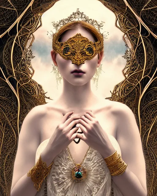 Image similar to beautiful ethereal maiden in a ivory masquerade mask intricate ornate fractal-lace and gemstones, wearing stunning ivory dress, ivory gold iridescent, full view, soft lighting, vivid, Hyperdetailed, 4k hd matte painting by Artgerm, Greg Rutkowski, Klimt, James Jean, 8k resolution, enchanting and otherworldly, Artstation, CGsociety, detailed, front view