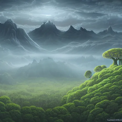 Image similar to epic view of a mountain range floating in the sky on a cloud, surreal landscape, Joe Fenton, broccoli trees, spinach forest, dusky, foggy lighting, realistic