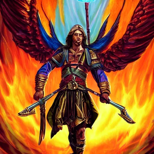 Prompt: biblically accurate angel, epic propaganda poster, holding a flaming sword above his head, strength, health, confidence, in the style of magic the gathering cart art, hypermasculine, ancient soldier, flying in the sky, triumphant pose, bright colors