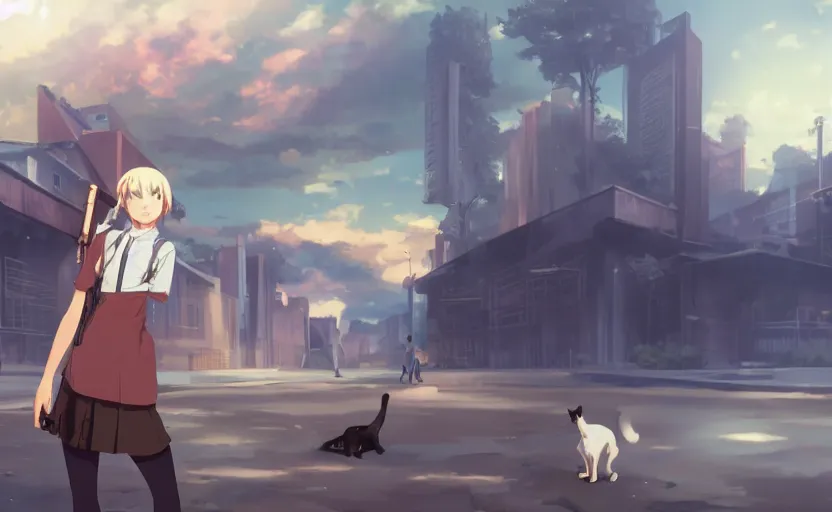 Image similar to a girl in her school uniform holding a shotgun with a cat next to her, epic apocalyptic scenery, an anime scene illustrated by Makoto Shinkai, digital art, 4k ultra