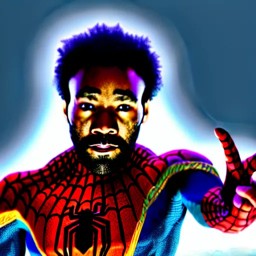 Image similar to a photo of donald glover as spider - man finding his powers, dramatic light, colorful, vivid, detailed, 8 k concept art, enhanced hands