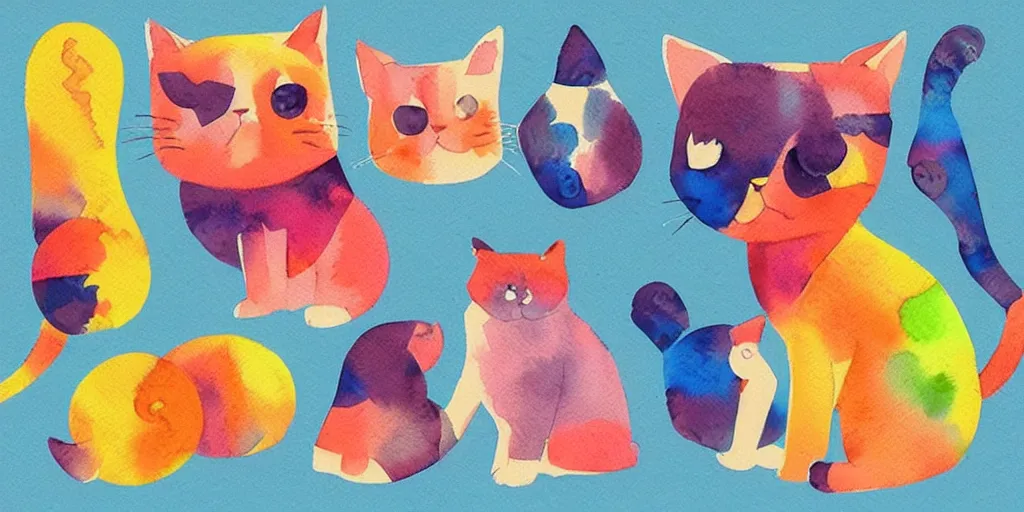 Prompt: watercolor illustration style, cute! cats!!! chose different coloured geometric toys, inspiring art