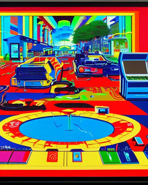 Prompt: arcade start screen. retro technology, 9 0 s colors and shapes, wayne barlow, oil on canvas, deep depth of field, masterpiece, cinematic composition, hyperdetailed