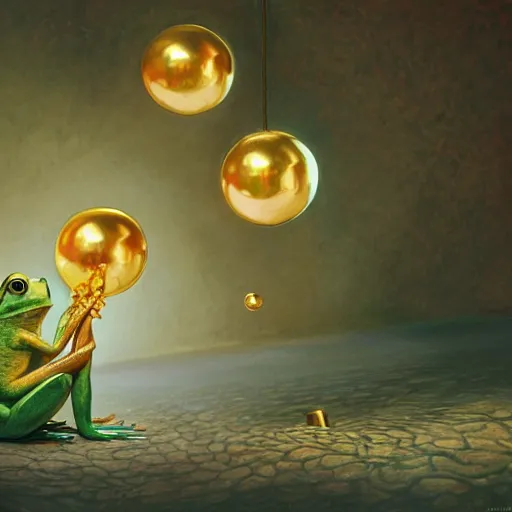 Prompt: long shot of a cute frog playing with golden metal balls, by esao andrews, by m. w. kaluta, by pixar, volumetric light, rich colors, very humorous oil painting, realistic reflections, smooth, concept art, depth perception, high depth of field, 4 k, unreal engine 5, ultradetailed, hyperrealistic, artstation