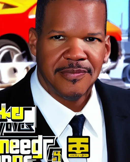 Image similar to Michael J. Foxx in the style of as a grand theft auto 5 character, cover game art