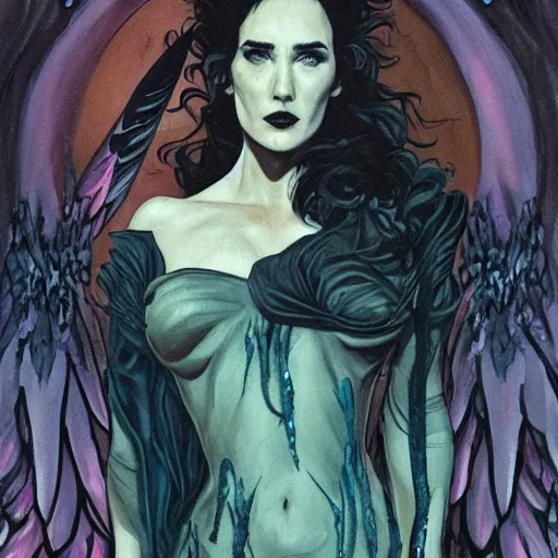 Prompt: jennifer connelly as odile, gothic dark fae disney villain with black feathers instead of hair, girlboss, dominant, zero g, feathers growing out of skin, pulp sci fi, mike mignola, david mack, romantic, comic book cover, vivid, beautiful, illustration, highly detailed, oil painting