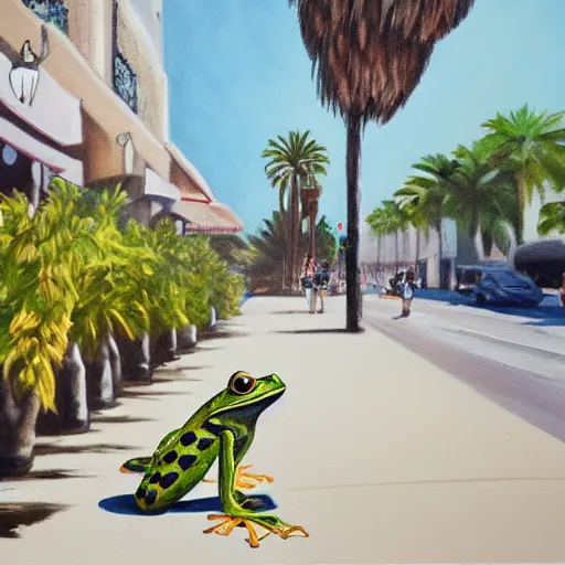 Image similar to painting of a bipedal frog walking away from the camera, down a busy street in los angeles, street vendors, palm trees,