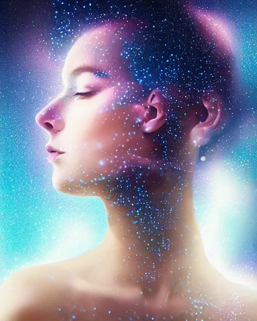 Prompt: intricately detailed constellation beauty portrait double exposure, radiant lighting, celestial cloudscape, artgerm, watery smoke explosion