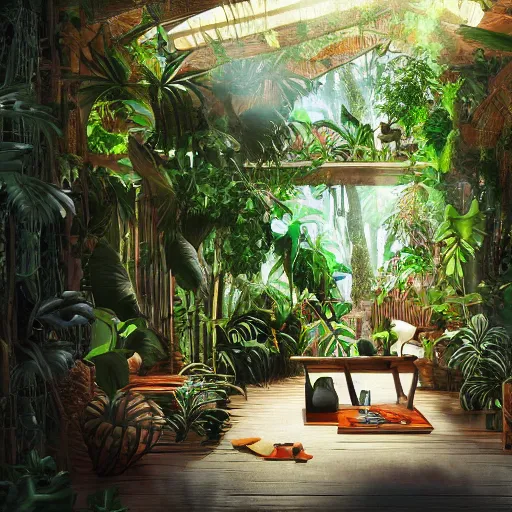 Image similar to interior design of a jungle house, vivid lighting, photorealist, 4 k