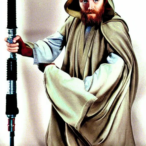 Image similar to Vinesauce Joel as Obi-Wan Kenobi holding a lightsaber in the film Star Wars