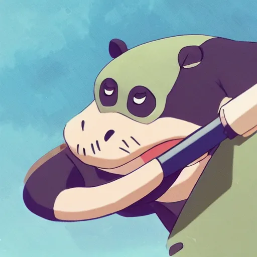 Image similar to a dumb looking hippo wearing a baseball bat, illustration concept art anime key visual trending pixiv fanbox by wlop and greg rutkowski and makoto shinkai and studio ghibli and kyoto animation symmetrical facial features