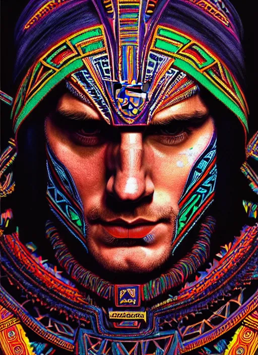 Image similar to portrait of henry cavill, hyper detailed ultra sharp aztec shaman warrior. trending on artstation, warpaint aesthetic, bloodwave, colorful, psychedelic, ornate, intricate, digital painting, concept art, smooth, sharp focus, illustration, art by artgerm and greg rutkowski and h. r. giger, 8 k