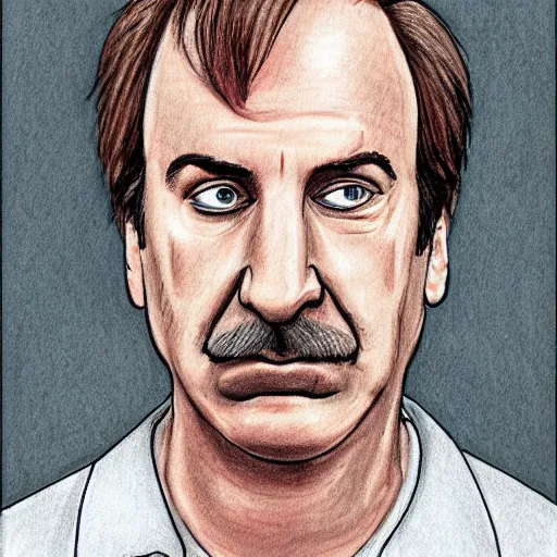 Prompt: court sketch of saul goodman looking defeated, facing forward, with trimmed mustache and glasses, wearing prison jumpsuit, sketch by jeff kandyba