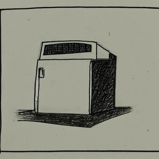 Image similar to very simple line drawing of a furnace with people around it, pen on paper simple drawing by a 7 year old