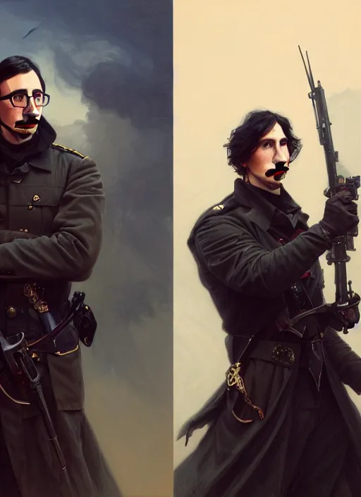 Prompt: a portrait of john oliver and adam driver posing together, stoic, military uniform, fantasy, centered, dark, smoke, fog, art by artgerm and greg rutkowski and alphonse mucha