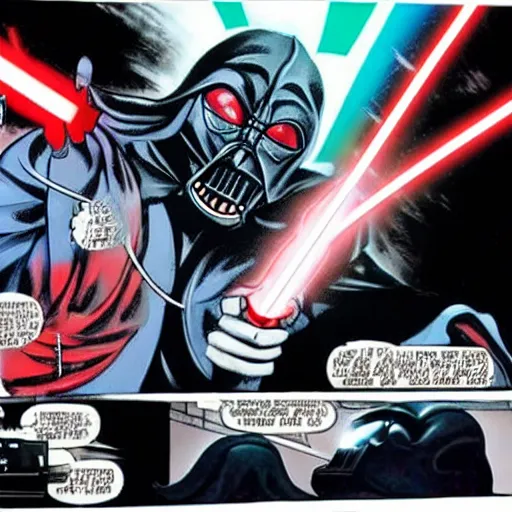 Image similar to morbius fighting darth vader with a lightsaber