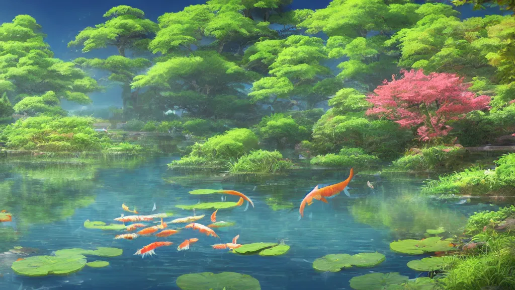 Prompt: a ultradetailed beautiful matte painting showing a close view of a peaceful pond with a clear water and amazingly beautiful carp koi, anime, high resolution 4 k, by makoto shinkai, charli bowater and artgeem