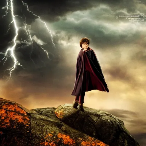 Prompt: Harry potter upright and levitating , back view, thunderclouds, cinematic shot, epic scale, waving robe movement, wand, photorealistic detail and quality, intricate ground stone, movie still, nighttime, crescent moon, sharp and clear, action shot, intense scene, visually coherent, symmetry, rule of thirds, movement, vivid colors, cool colors transitioning to warm colors, award winning, directed by Steven Spielberg, Christopher Nolan, Tooth Wu, Asher Duran, Greg Rutkowski