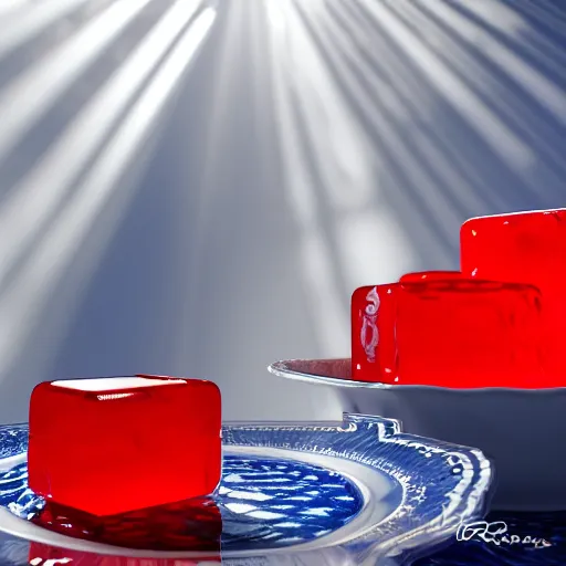 Prompt: cubes of translucent red jelly on a blue and white intricately decorated china plate lit by bright god rays, hyper realistic, 8k, octane render, glistening, shimmering, raycasting, refraction, award winning digital art, masterpiece