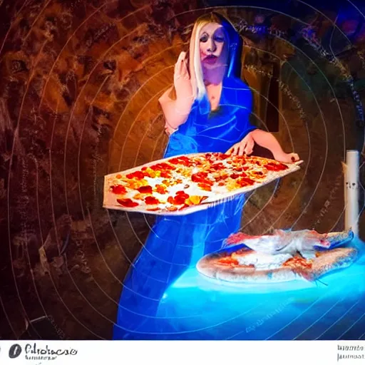 Prompt: cinematic photo of a beautiful albino koi fish woman lit with saturated split colour blue and dusty pink lighting serving pizza in a grotto restaurant