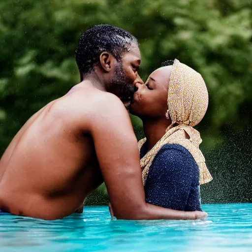 Image similar to african american man and blonde woman kissing in the rain at a pool.