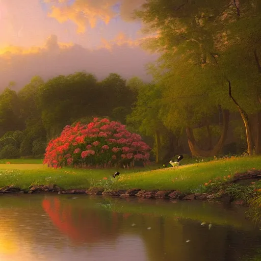 Image similar to a painting of a duck pond at sunset, surrounded by flower bushes, a detailed matte painting by Robert S. Duncanson, deviantart, hudson river school, terragen, trending on artstation