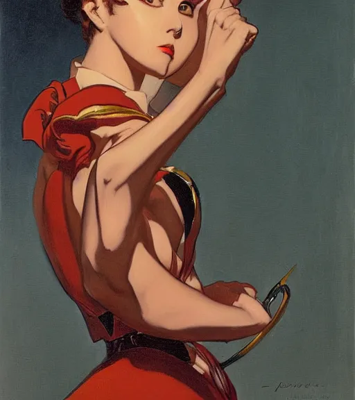 Prompt: j. c. leyendecker painting of an anime woman, direct flash photography at night, film grain