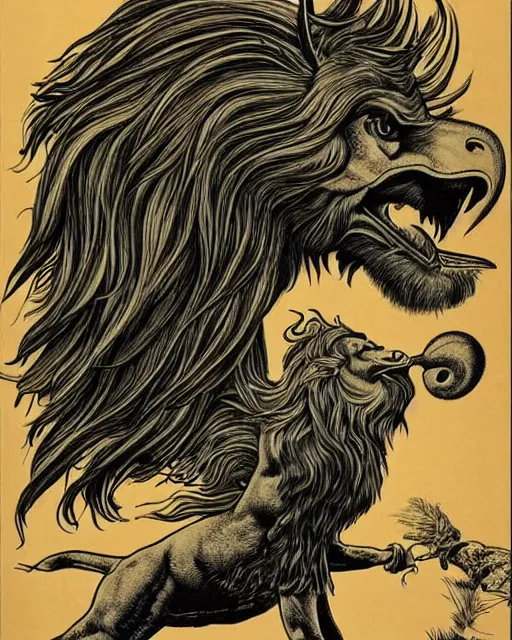 Image similar to a creature with the body and eyes of a man, with the beak of an eagle, the mane of a lion, and the horn of a bull. drawn by moebius