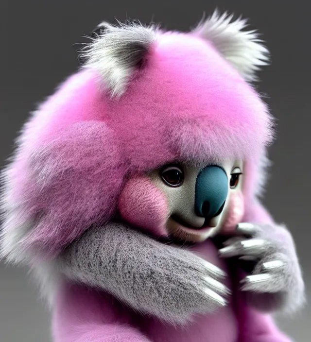 Image similar to high quality 3 d render hyperrealistic very cute small pink koala dj, fog, steam, smoke, plush mascot, short spiky dense fluffy smooth hair, photo from the side, pink fluffy fur, 1 5 0 mm, beautiful natural soft light, rim light, smooth background, artstation, ultra detailed, elegant, ultra detailed, metallic armor, octane render