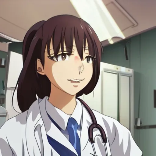 Prompt: a cute young lady, a doctor wearing white coat in hospital ward, slice of life anime, anime scenery by Makoto shinkai