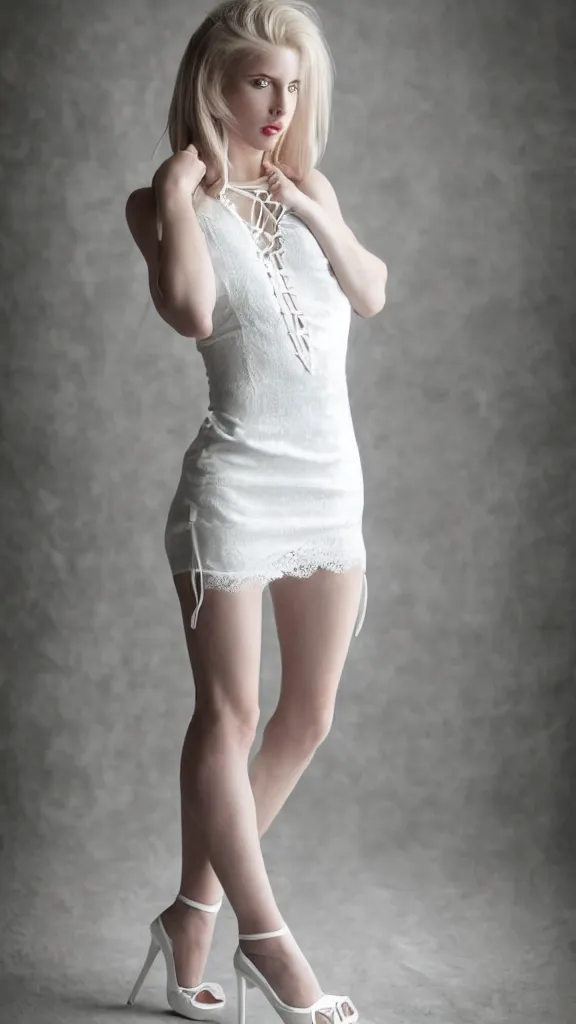 Prompt: extremely super beautiful studio photo of emily skinner, looking like annie leonhart, very beautiful slim legs, wearing lace - up high heels and white short dress, in a white room, pale skin, bokeh, very very very very beautiful!!, hard focus, sexy dominant pose, full body shot, 9 0 mm, f / 1. 2 5