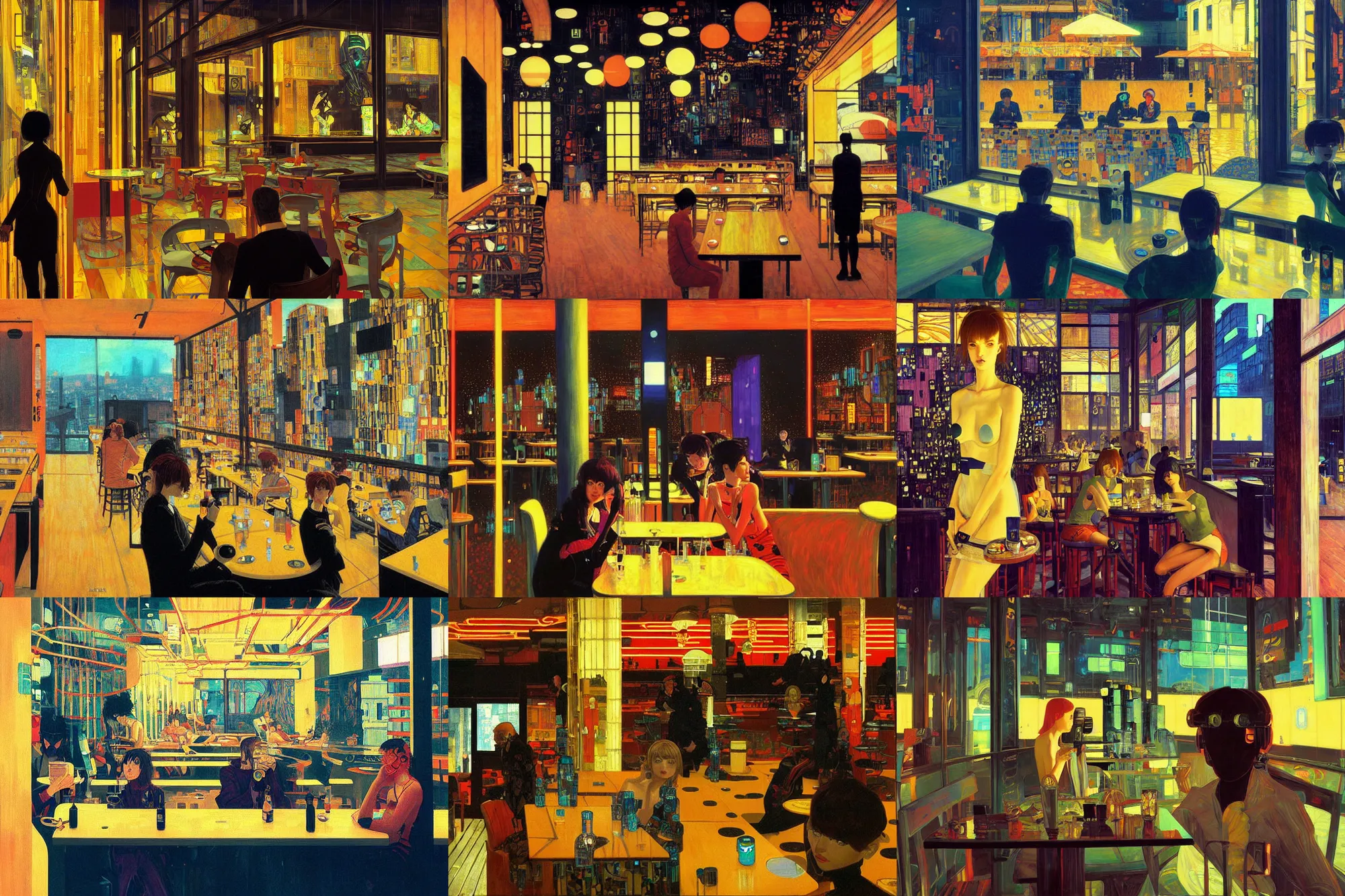 Image similar to A cyberpunk cafe painted by Ilya Kuvshinov and Gustav Klimt and Edward Hopper