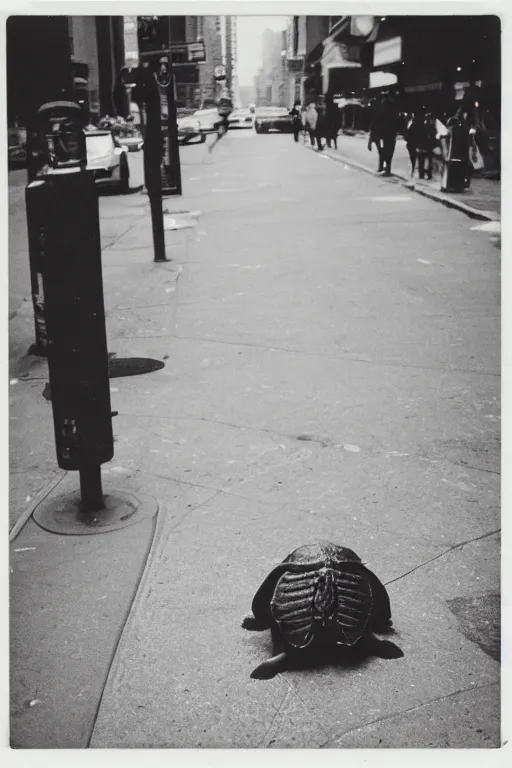 Image similar to photo polaroid of a ninja turtle in the middle of a New York street, loneliness, war, black and white ,photorealistic, 35mm film,