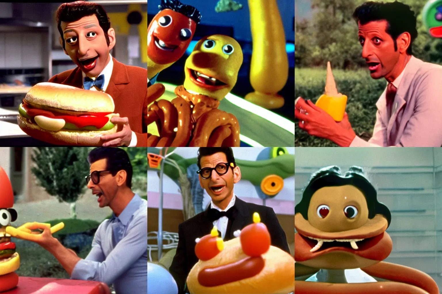 Prompt: Color movie still of Jeff Goldblum in 'Hot Dog monster vs Hamburger monster' by George Pal