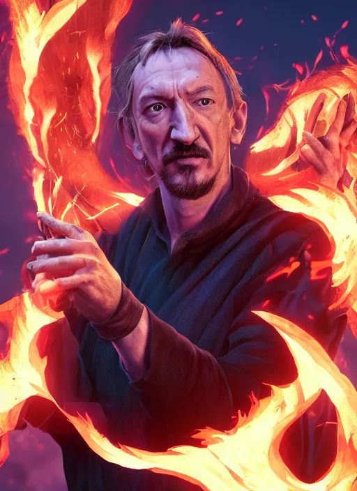 Image similar to A fantasy comic book style portrait painting of David Thewlis as a godlike Sorcerer casting a fire spell, unreal 5, DAZ, hyperrealistic, octane render, RPG portrait, ambient light, dynamic lighting