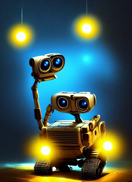 Image similar to wall - e, sci - fi, blue and yellow glowing lights, intricate, elegant, highly detailed, digital painting, artstation, concept art, smooth, sharp focus