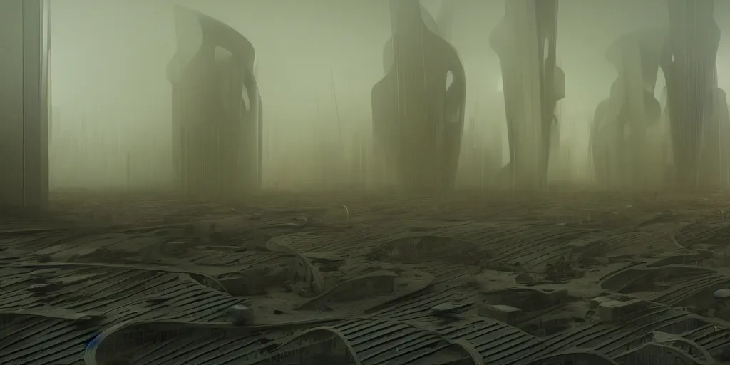 Prompt: an abandoned dystopian city of parametric architecture, by federico pelat and craig mullins and james paick and zaha hadid, hyperrealism, 8 k resolution, octane render, cinematic, ominous, dramatic, volumetric lighting, misty