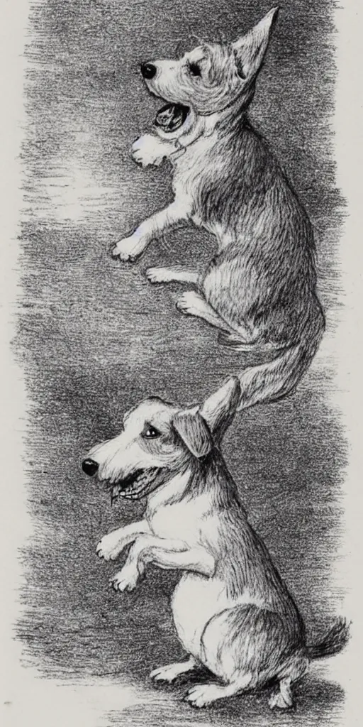 Image similar to jack russel dog, highly detailed, side view, howling!!!, illustrated by peggy fortnum and beatrix potter and sir john tenniel