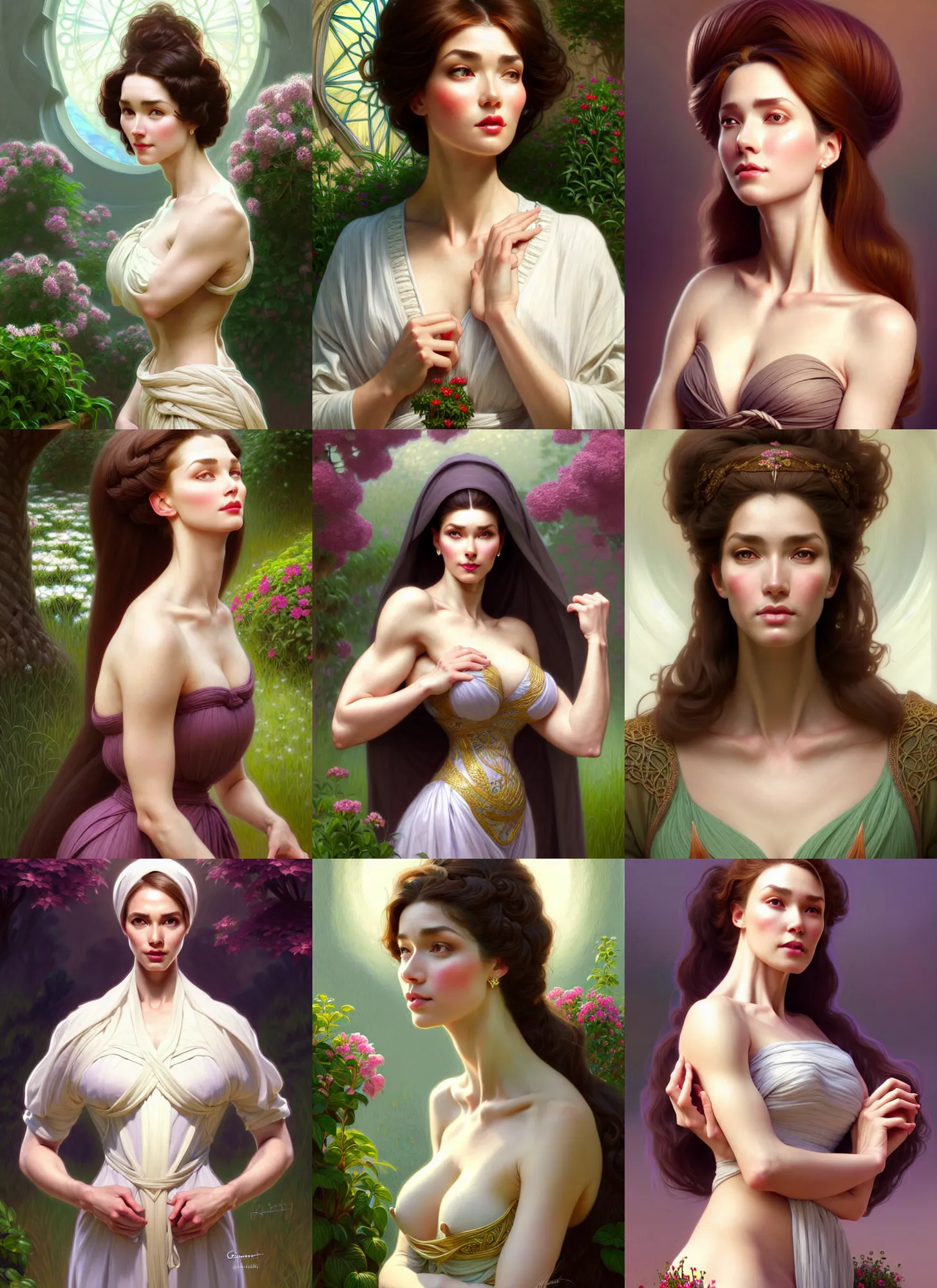 Image similar to character concept portrait of me as modest wife blessed by god to grow ever - more intelligent beautiful voluminous muscular tall healthy and alive. modestly clothed, in garden, intricate, elegant, highly detailed, digital painting, artstation, concept art, symmetry, smooth, sharp focus, illustration, art by artgerm and rutkowski and mucha