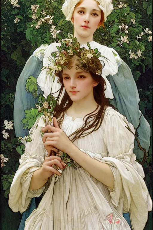 Prompt: realistic detailed full portrait of a cottagecore flowergirl in simple traditional modest villager garb by Alphonse Mucha, Ayami Kojima, Amano, Charlie Bowater, Karol Bak, Greg Hildebrandt, Jean Delville, and Mark Brooks