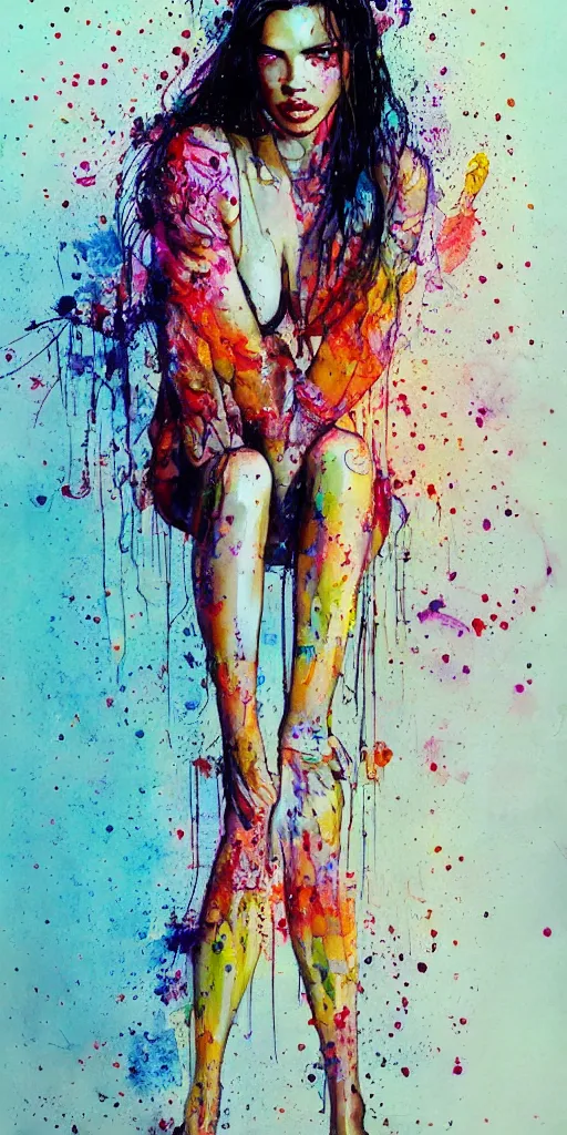 Image similar to adriana lima by agnes cecile enki bilal moebius, intricated details, sitting on a stool, full body portrait, extremely luminous bright design, pastel colours, drips, autumn lights