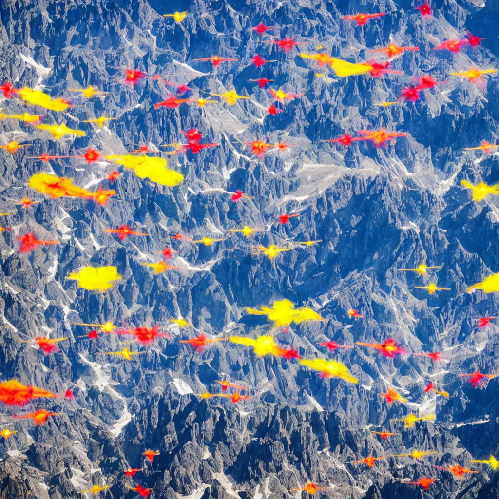 Image similar to sky parade of colorful alien spacecrafts flying over swirling dolomites, birds eye view