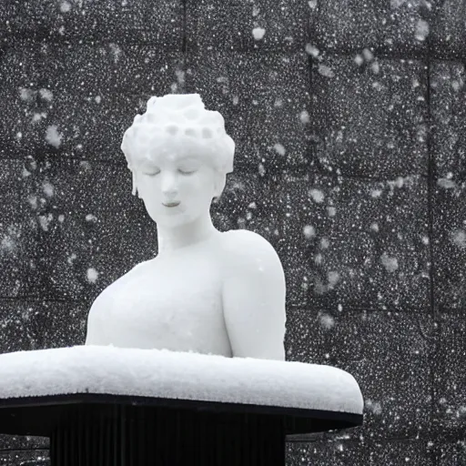 Image similar to black and white photo of snow falling on white cracked marble statue, in the background is a snowy concrete brutalist building, the statue is wearing a haute couture winter jacket by moncler genius, the statue is made of white marble, everything is white marble, sharp focus, depth of field, clear focus, beautiful, denoise, clean, japanese fashion