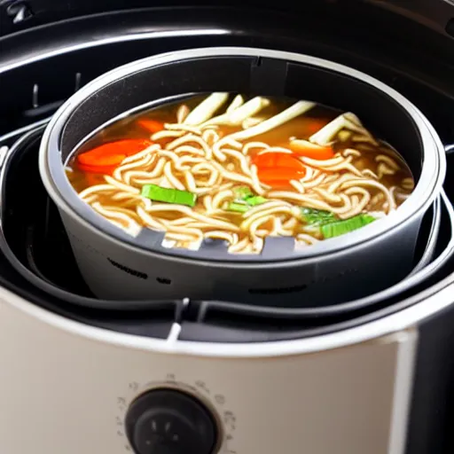 Prompt: Cooking ramen noodle soup in an airfryer, photo