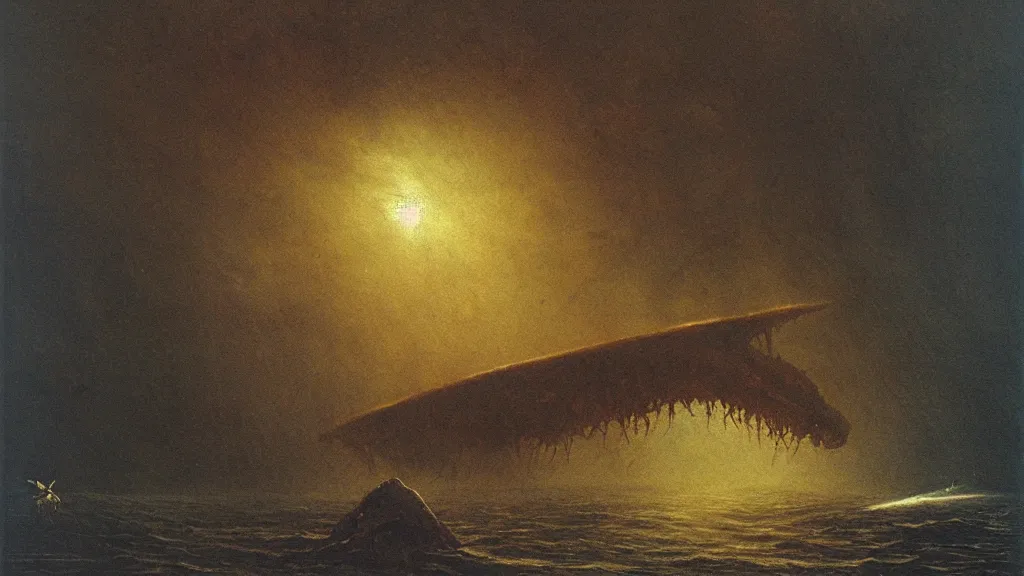 Prompt: environment under the ocean, a huge monster of the deep emerges out of the darkness of the deep ocean waters to attack a small submarine, Beksiński, Achenbach, horror, eerie lighting, god rays