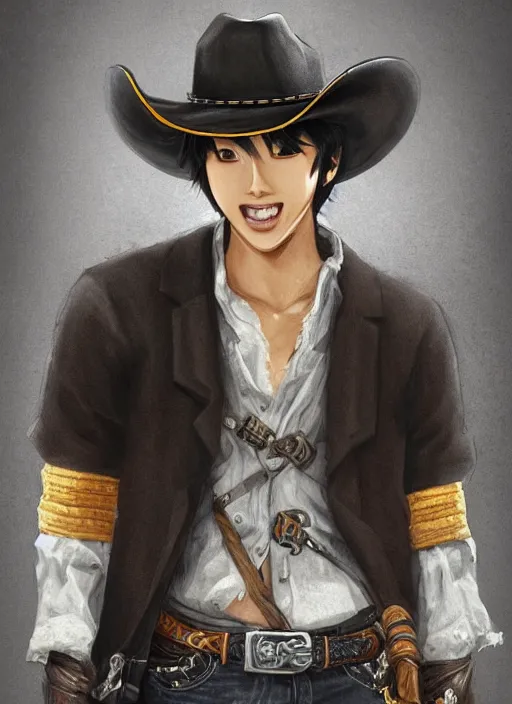 Image similar to a highly detailed illustration of kento yamazaki as a cowboy wearing black cowboy hat, dramatic smiling wielding revolvers pose, perfect face, intricate, elegant, highly detailed, centered, digital painting, artstation, concept art, smooth, sharp focus, league of legends concept art, wlop