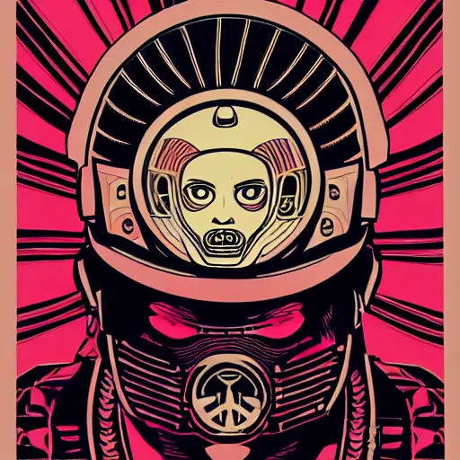 Prompt: !dream Illustrated by Shepard Fairey and H.R. Geiger | Cyberpunk Samurai with VR helmet, surrounded by cables